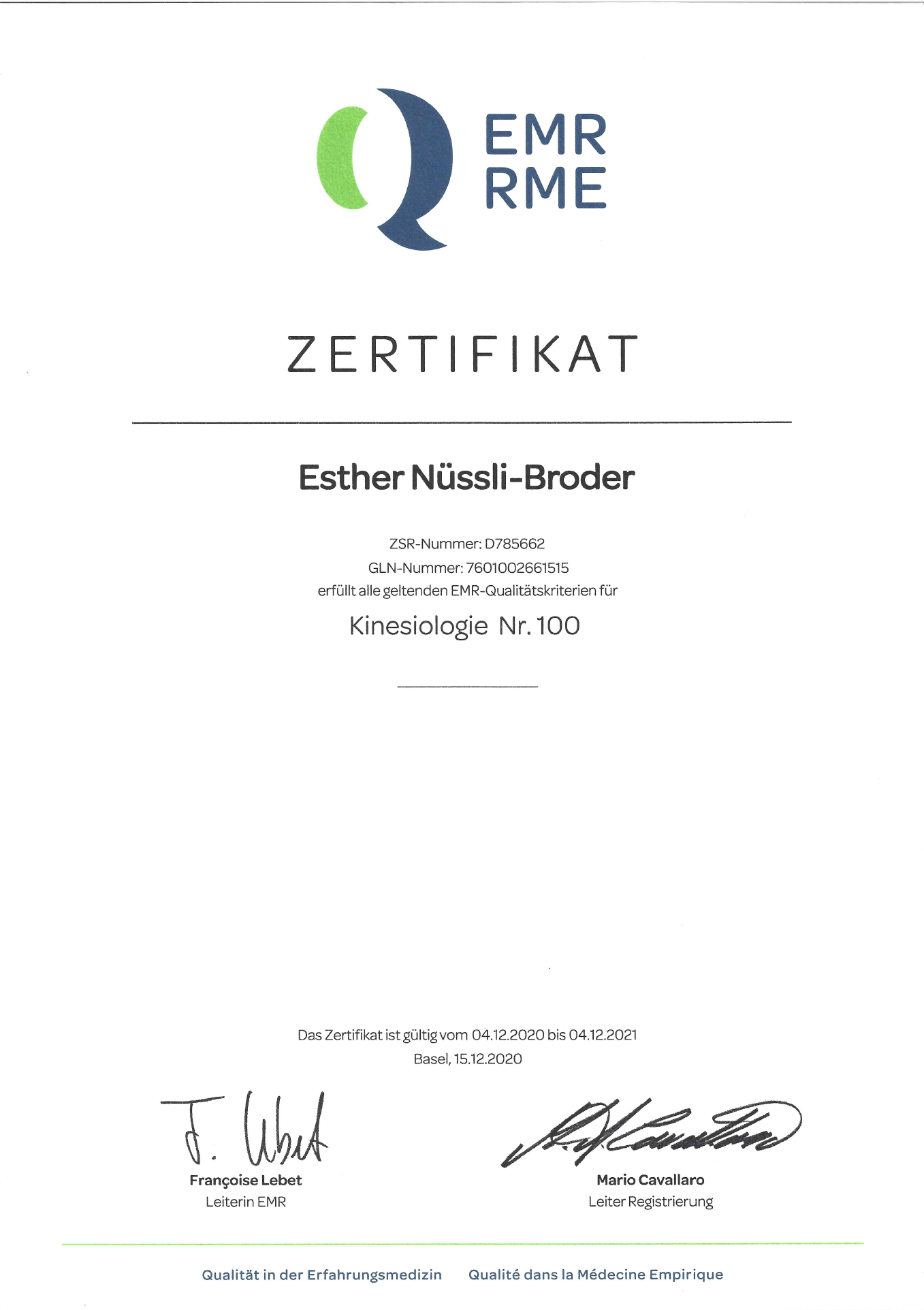 EMR Zertifikat 2021